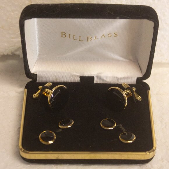 Bill Blass Gold-Tone Metal and Black Onyx or Enamel Cufflink and Tuxedo Stud Set - Picture 2 of 4